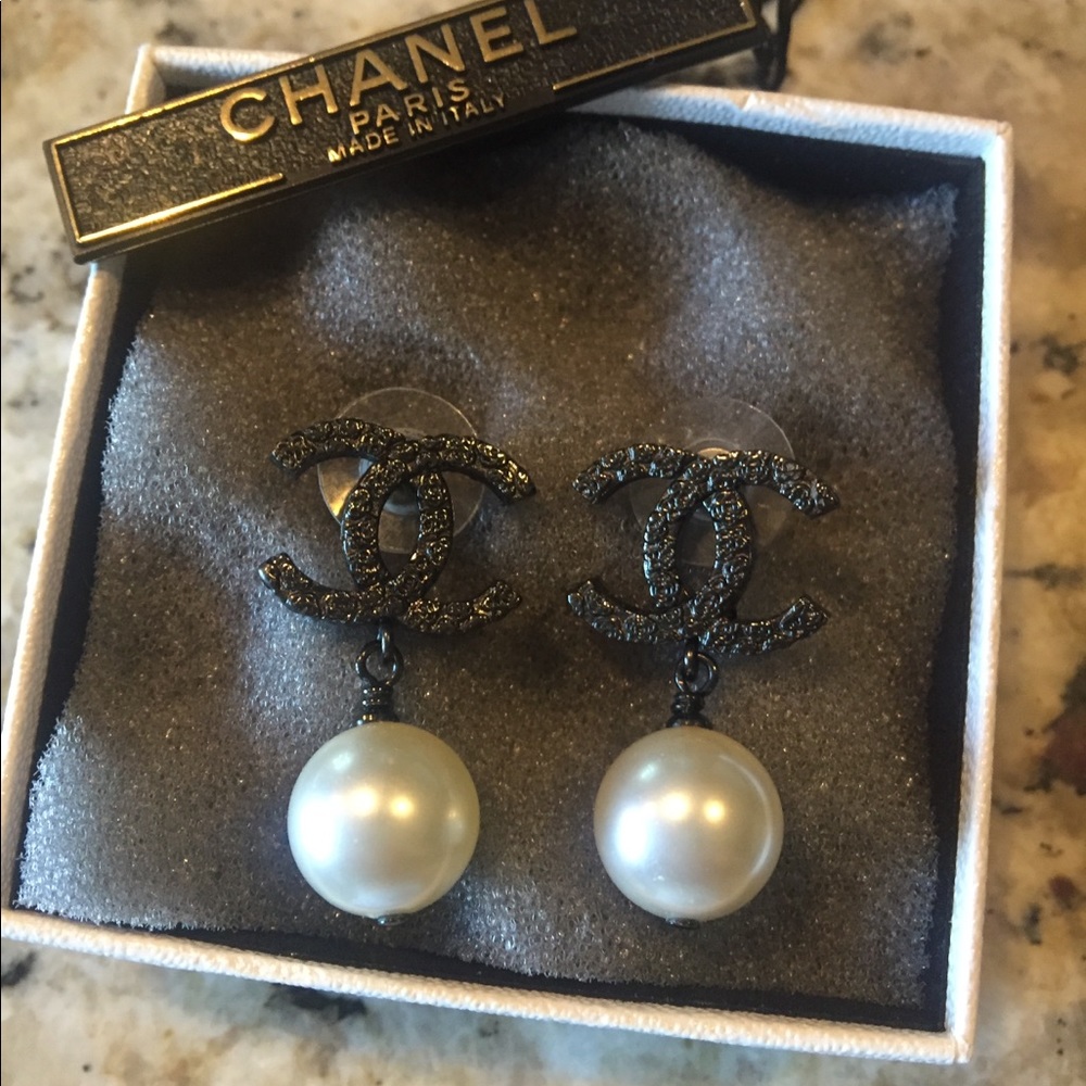 Authentic Chanel Ruthenium CC Pearl Drop Earrings